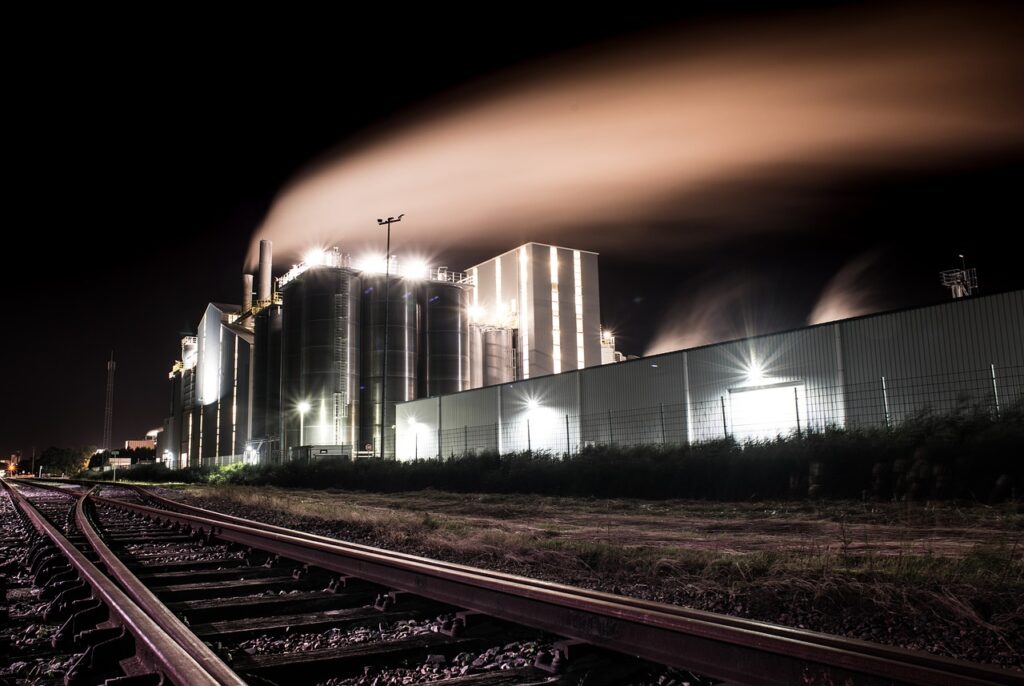 factory, night, smoke